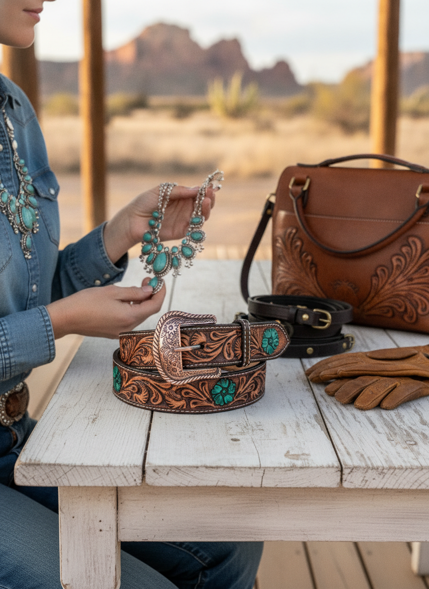 Dark Floral Tooled Turquoise Floral Western Belt
