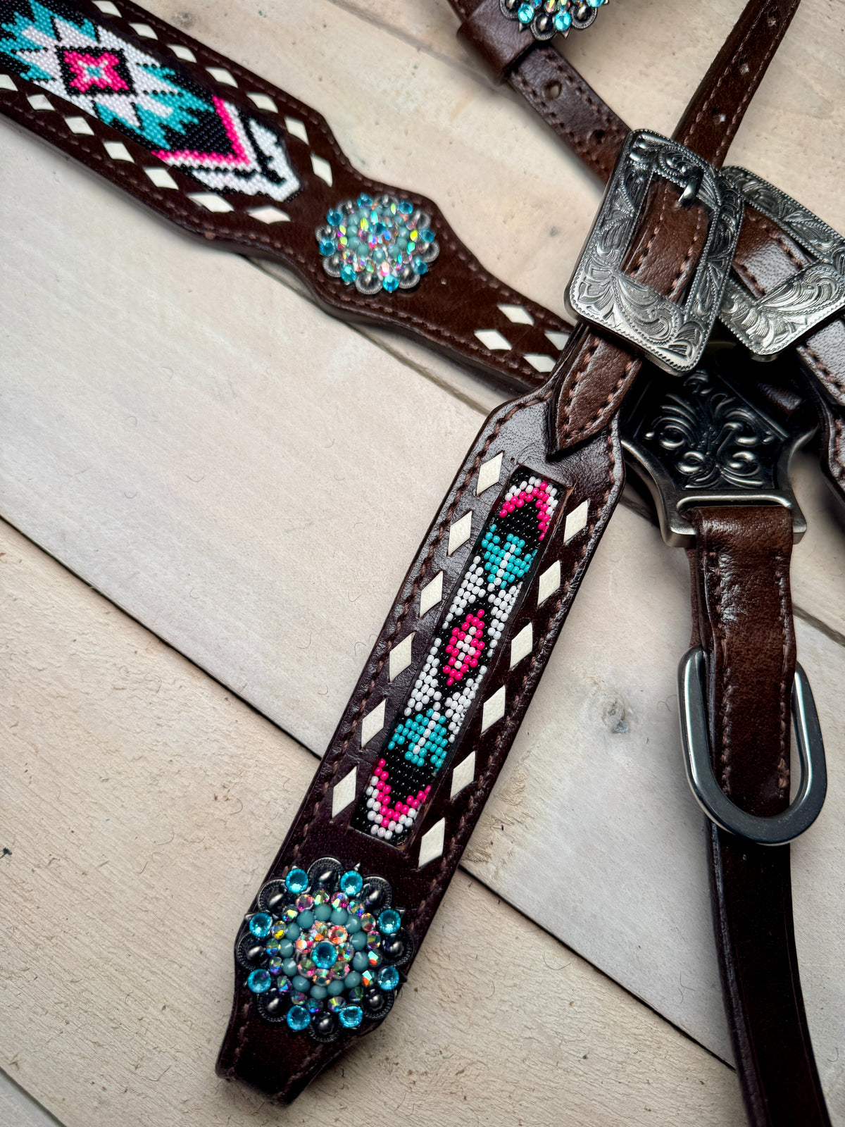 Teal and Pink Beaded Aztec Tack Set