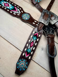 Teal and Pink Beaded Aztec Tack Set