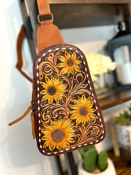 Small Leather Tooled Western Sling Bag