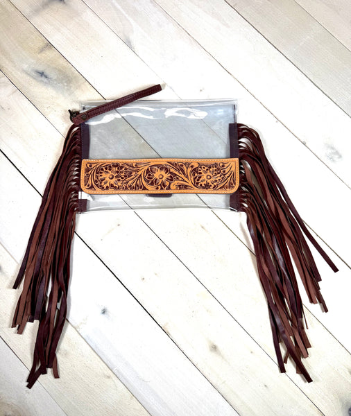 Clear Tooled Tooled Leather Fringe Wristlet