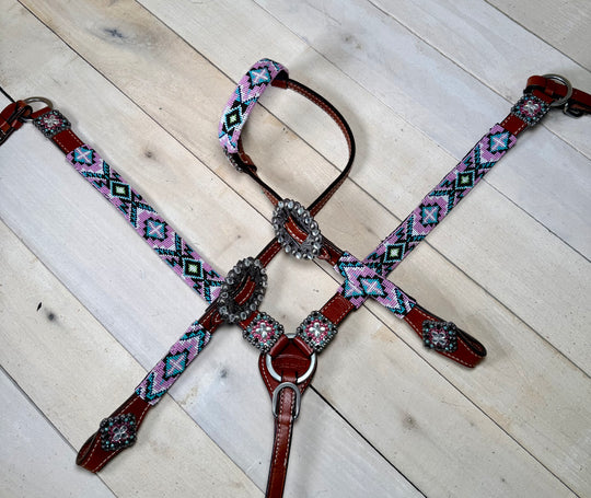 Pastel Lavender, Pink and Turquoise Beaded Tack set