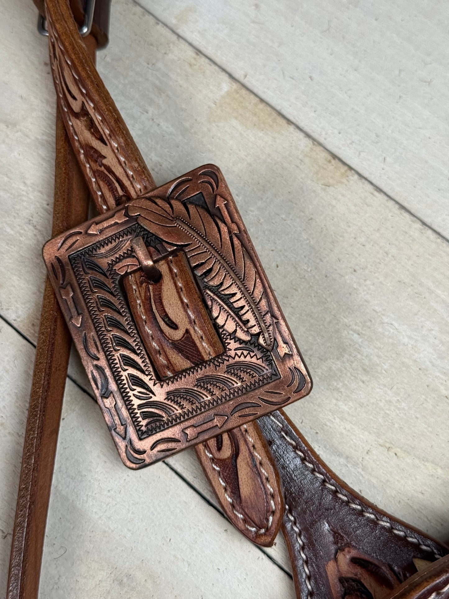 Leather Tooled Feather and Concho Buckstitch Tack Set