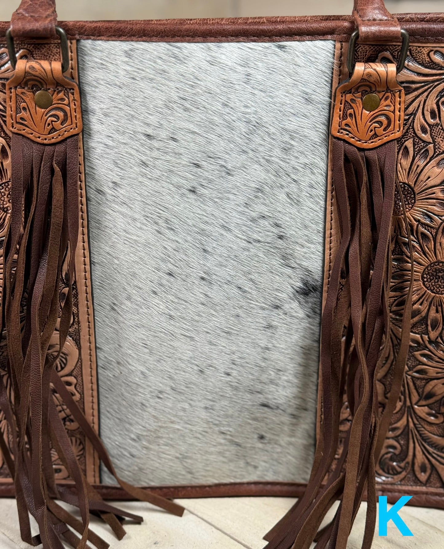 Prescott Brown Pattern Hide Tote with Leather Tooled Sunflowers