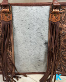 Prescott Brown Pattern Hide Tote with Leather Tooled Sunflowers