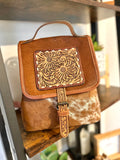 Small Cowhide and Leather Sunflower Tooled Backpack
