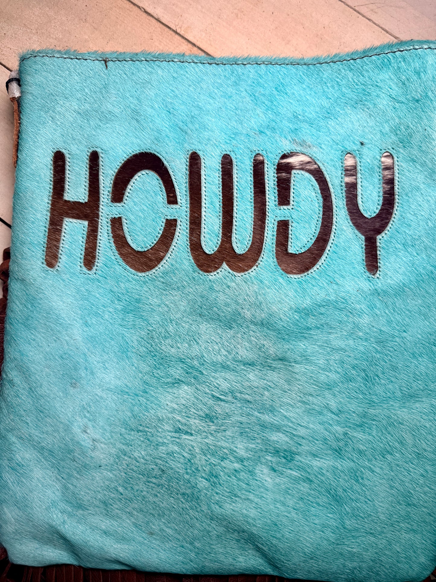 Turquoise Hide Howdy Large Crossbody Bag with Leather Fringe