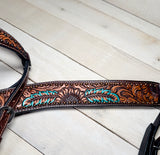 Turquoise Feather Sunflower Tooled  Studded Tack Set