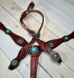 Turquoise Stone Silver Concho Dark Leather Tack Set