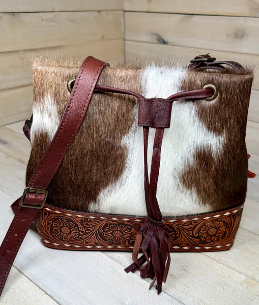 Whipstitched Leather Tooled Band and Hide Bucket Handbag