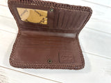 Dark Brown with Tan Floral Tooled Braided Border Wallet