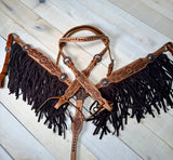 Tooled Leather with Dark Suede Fringe Tack Set