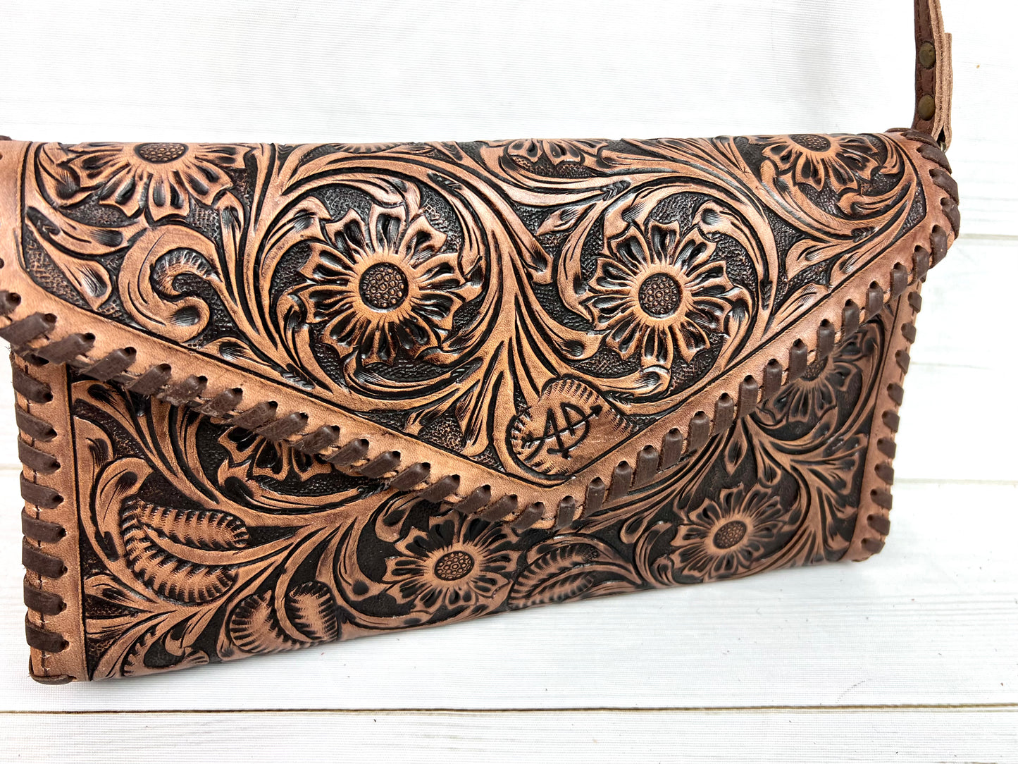 Dark Tooled Leather Envelope Clutch Purse