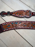 Burgundy Leather Teal Inset Floral Tooled Tack Set