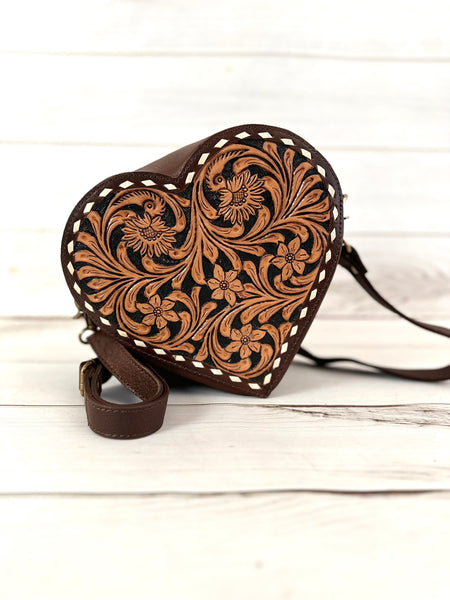 Heart Shaped Leather Tooled Canteen Bag