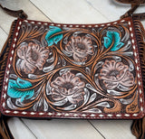 Floral Tooled White Buckstitch and Fringe Crossbody Handbag