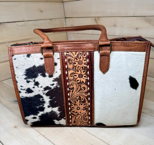 Floral Tooled Buckstitch Cowhide Tote Bag