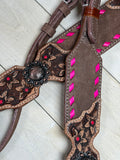 Pink Buckstitch Rough Out Leather Floral Tooled Tack Set