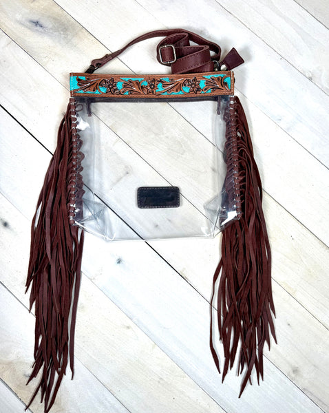 Clear  Painted Teal Inset Floral Fringe Bag