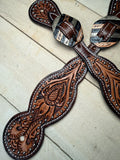 Dark Oiled Leaf Tooled Silver Studded Spur Straps