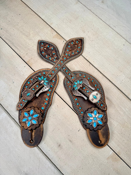 Dark Leather Turquoise Flower Dotted Spur Straps