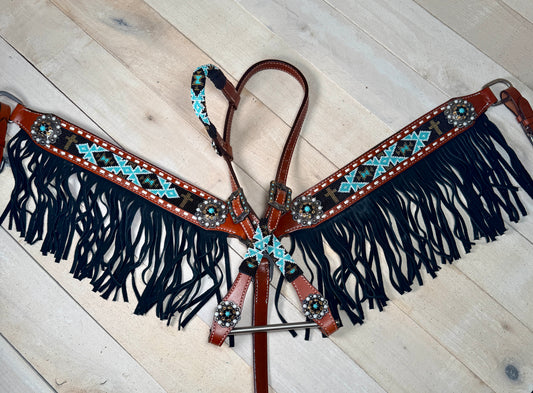 Gold Cross and Teal Beaded Fringe Tack Set