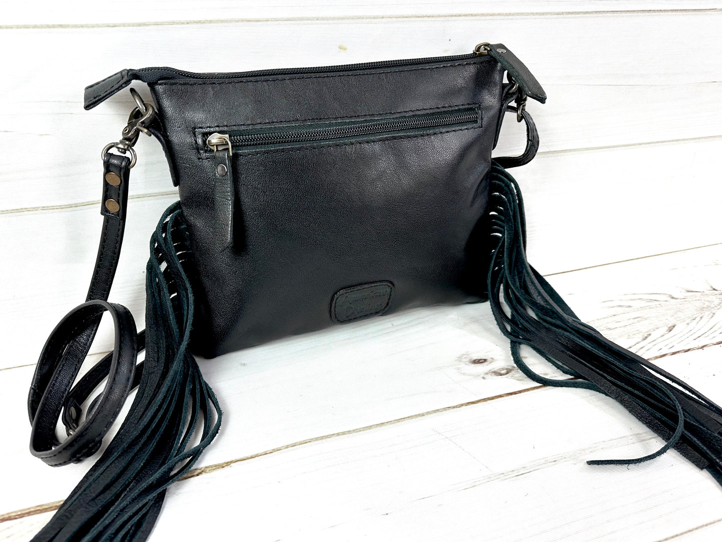 Western Black Quilted Leather Tooled Fringe Purse