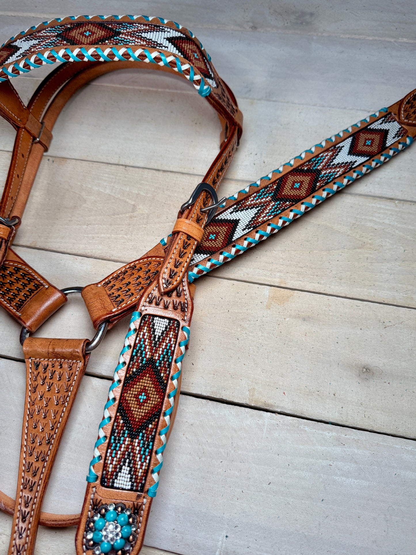 Teal and White Whipstitch Beaded Tack Set