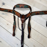 Turquoise Feather Sunflower Tooled  Studded Tack Set