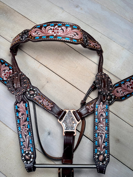 Dark Leather Teal Buckstitch Painted Floral Tack set