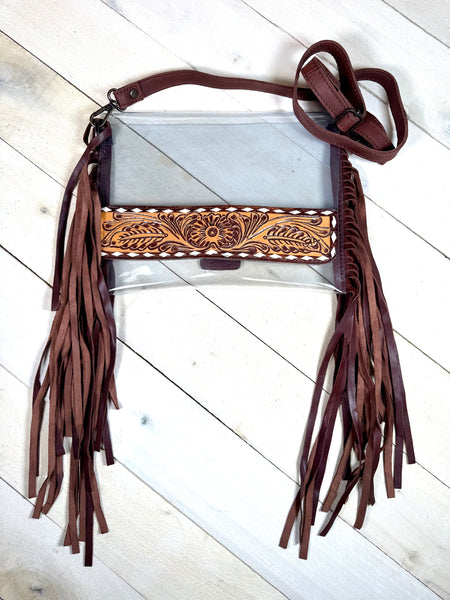 Clear Tooled Leather Buckstitch Fringe Bag