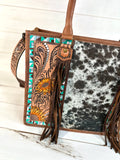 Turquoise Aztec with Sunflower Tooling Prescott Cowhide Leather Tote