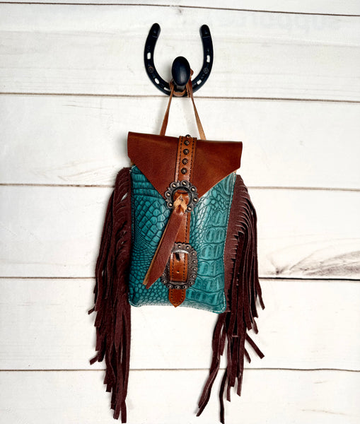 Turquoise Gator Fringed Cinch Saddle Bag