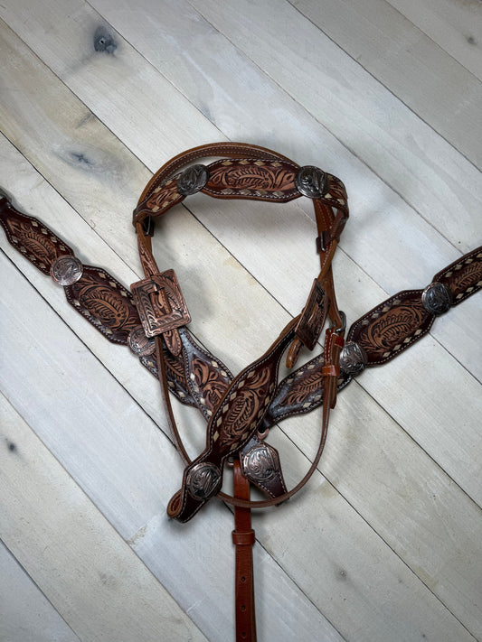 Leather Tooled Feather and Concho Buckstitch Tack Set