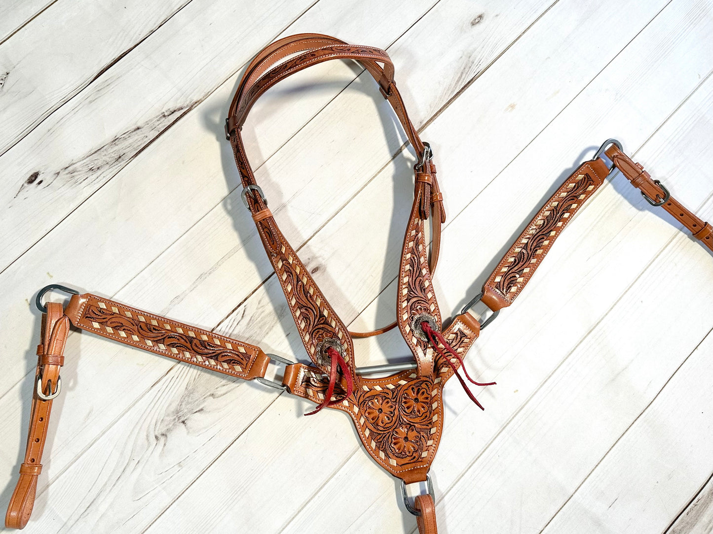 Floral Tooled Gladiator Style Leather Tack Set