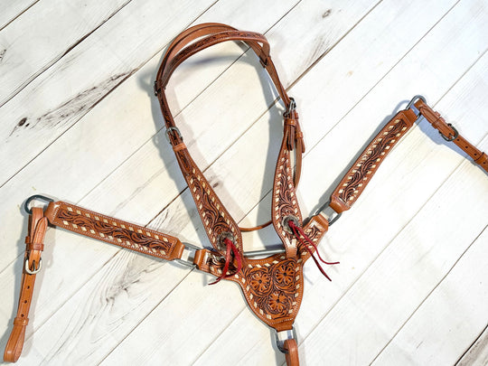 Floral Tooled Gladiator Style Leather Tack Set