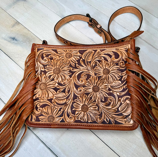 Daisy Tooled Leather with Fringe Crossbody Handbag