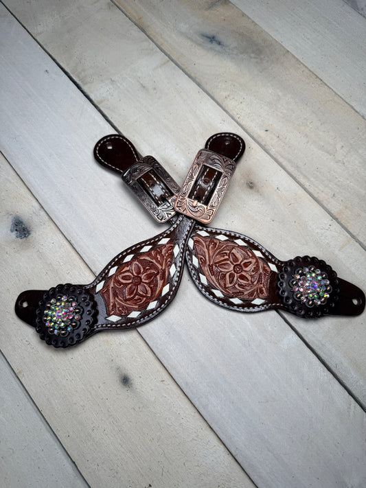 Floral Tooled Buckstitch Crystal Concho Spur Straps
