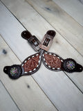 Floral Tooled Buckstitch Crystal Concho Spur Straps