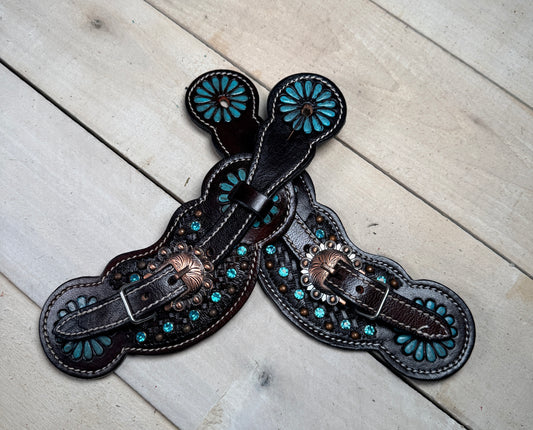 Turquoise Crystal Dark Leather Spur Straps