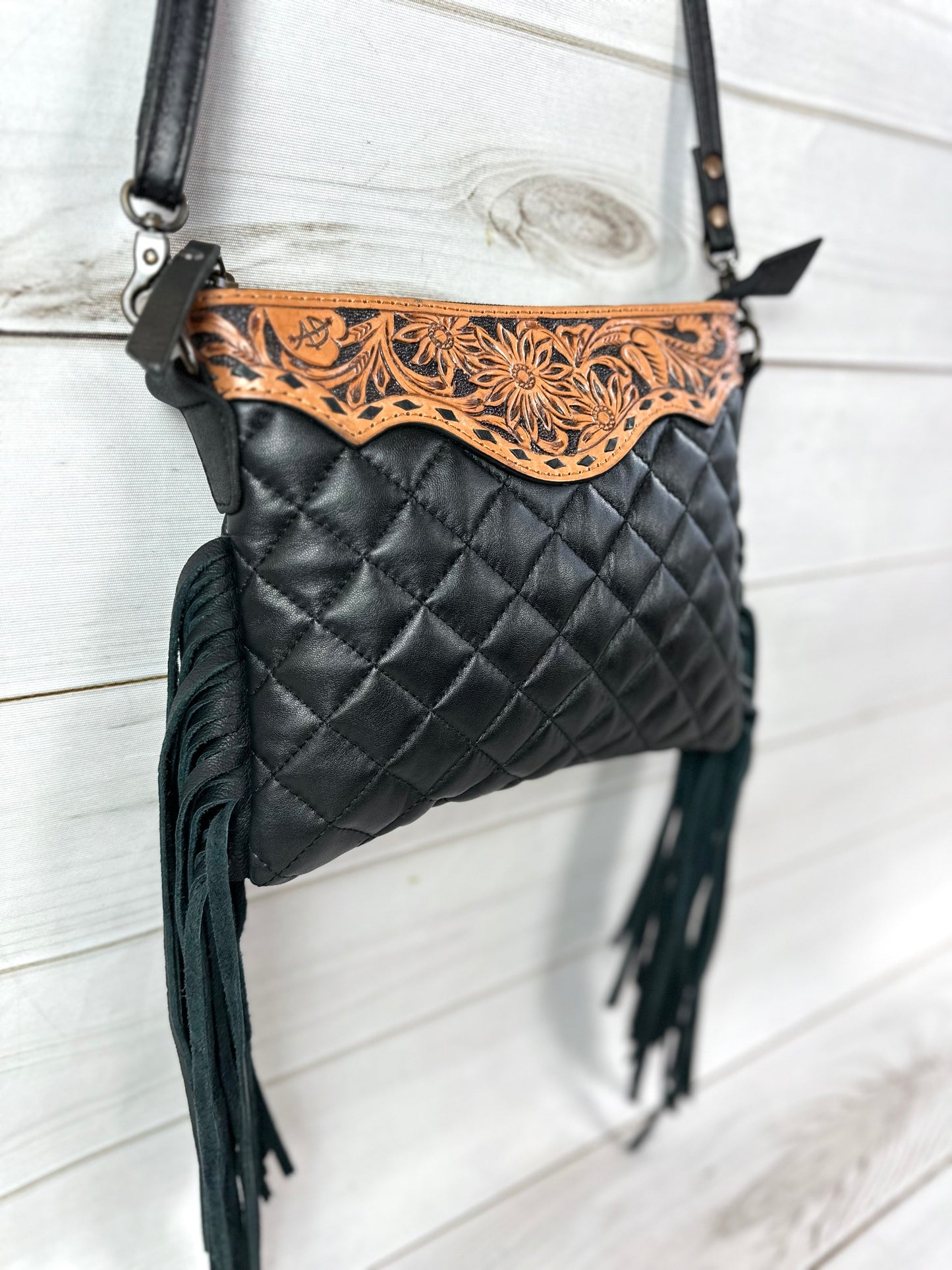 Western Black Quilted Leather Tooled Fringe Purse
