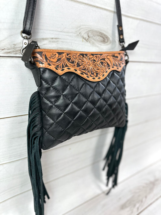 Western Black Quilted Leather Tooled Fringe Purse