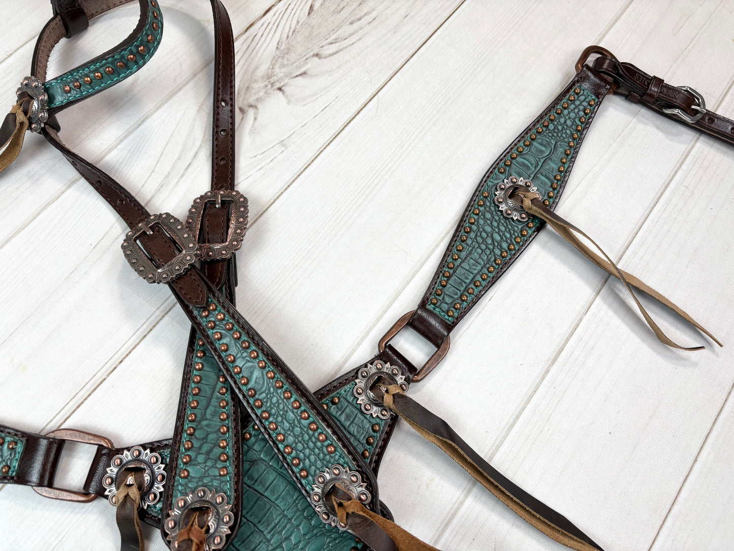 Dark Teal Gator Gladiator Style Leather Tack Set
