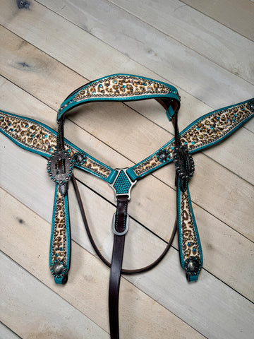 Teal Rhinestone Cheetah/Leopard Tack Set Dark Leather