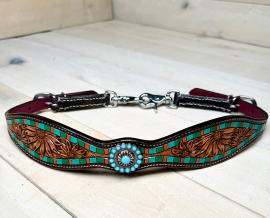 Turquoise Concho Green and Orange Sunflower Wither Strap