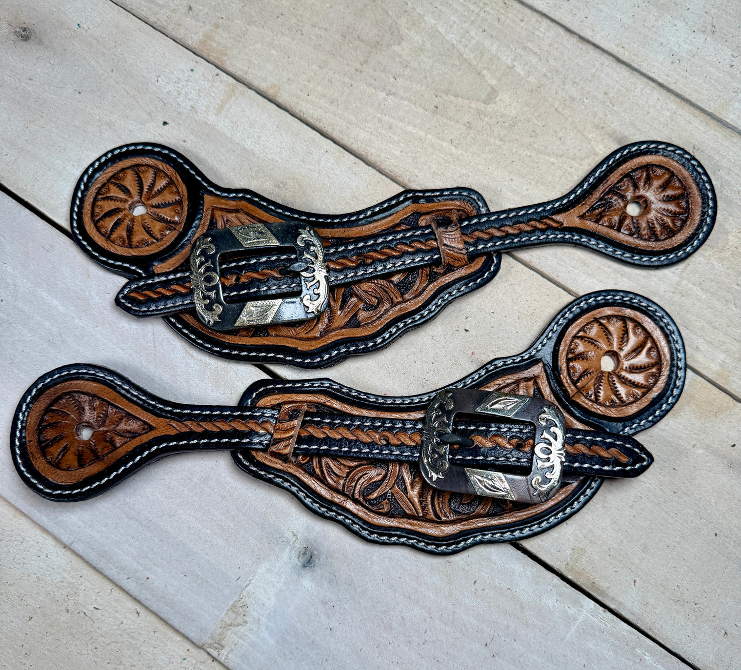 Dark Two Tone Leather Silver Concho Spur Strap