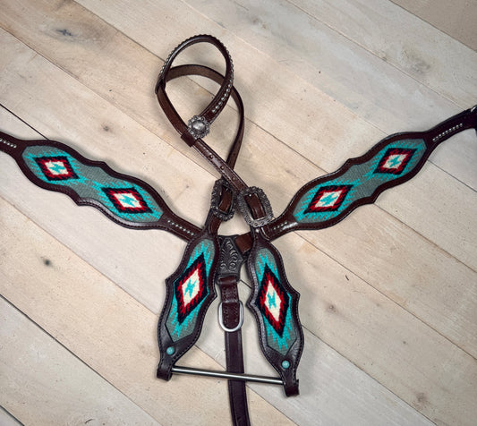 Red and Teal Woven Copper Concho Tack Set