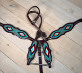 Red and Teal Woven Copper Concho Tack Set