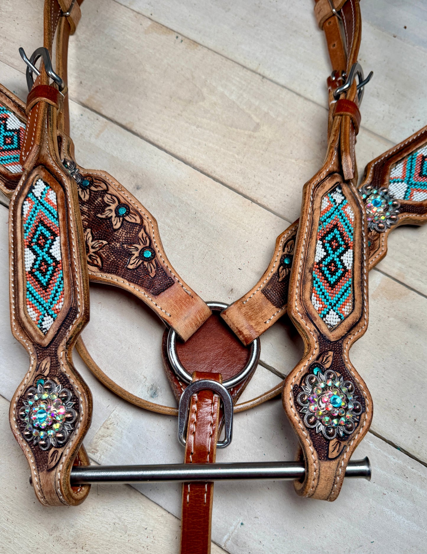 Daisy Tooled Teal and Coral Beaded Tack Set