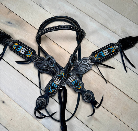 Black Leather Orange and Teal Beaded Tack Set